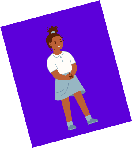 Smiling girl in a white shirt and blue skirt standing against a purple background.