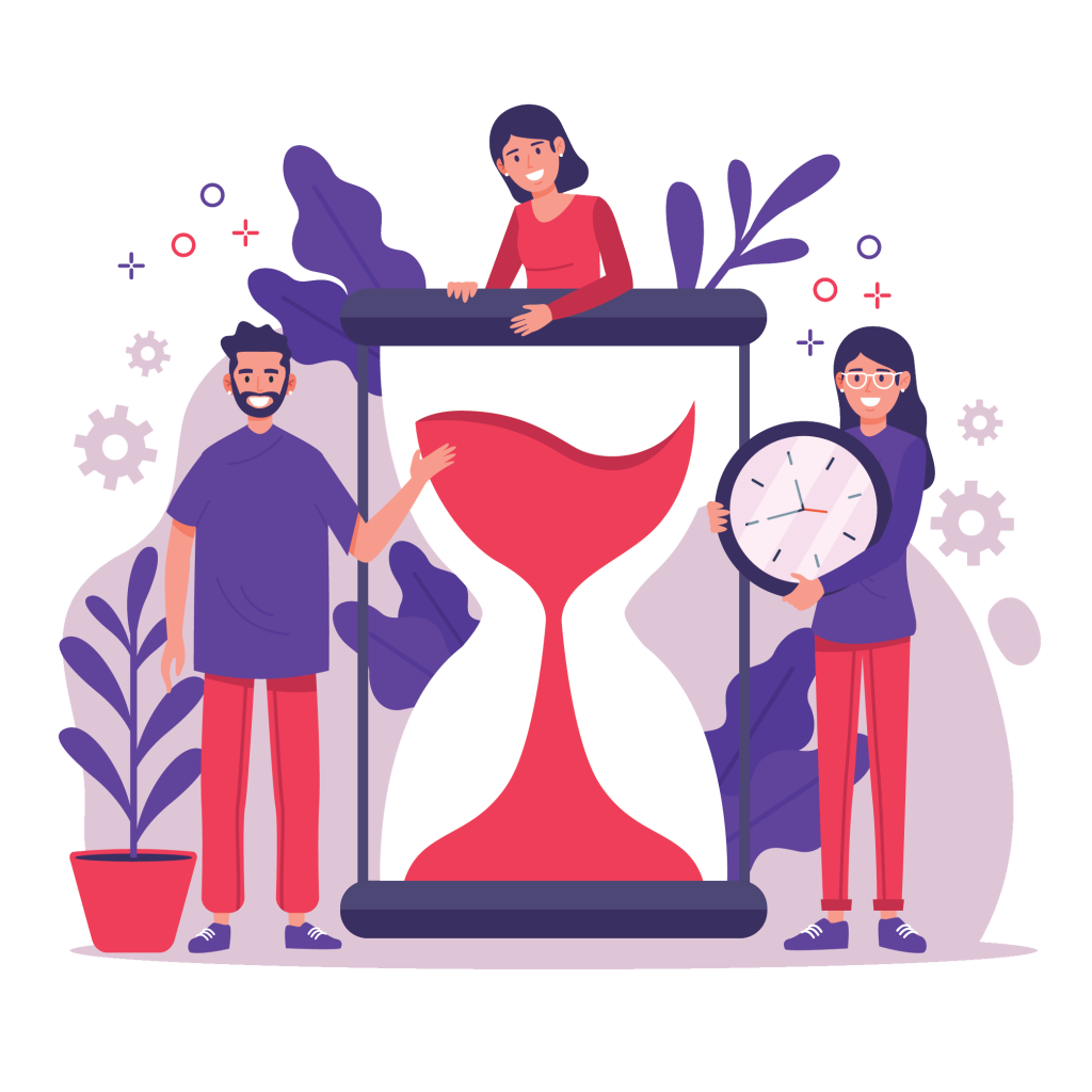 People managing time around a giant hourglass with a clock.