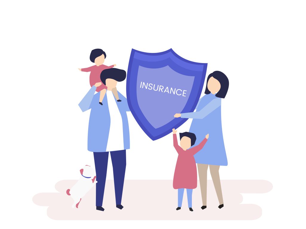 Family holding a large insurance shield symbolizing protection.