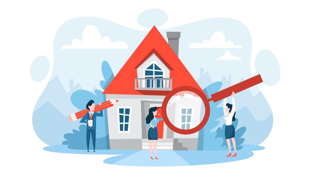 Real estate agents showing a house to a potential buyer with a magnifying glass.