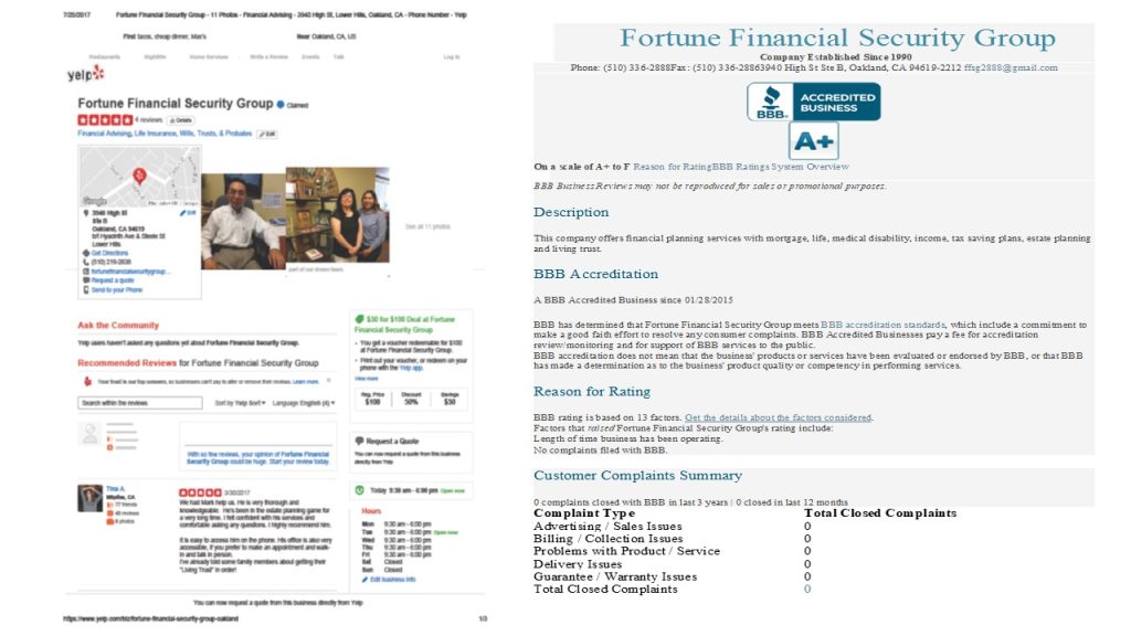 Screenshot of Fortune Financial Services' BBB rating and business profile.